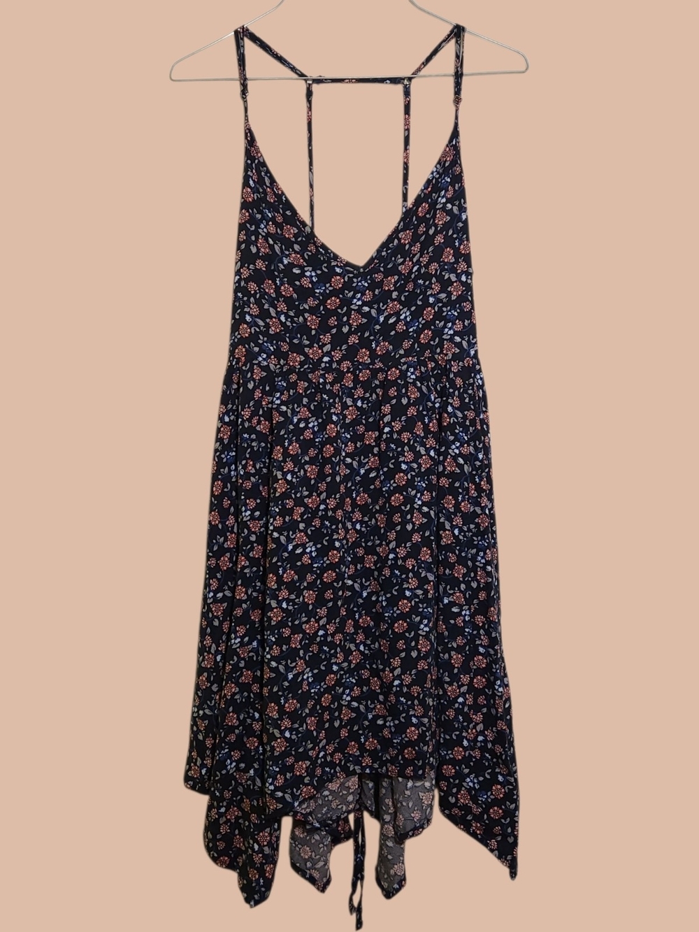 Flowy Hollister Floral Handkerchief Mini Dress In Navy With Pink Fowers